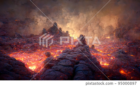 Lava was in the cracks of the earth to view the texture of the glow of volcanic magma in the cracks 95000897