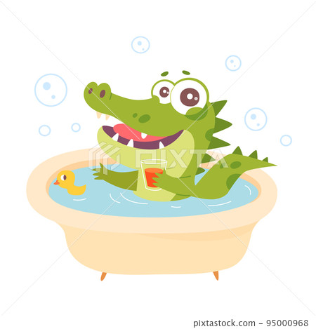 Cute green crocodile bathing in bathtub full of water and soap foam with yellow duck 95000968