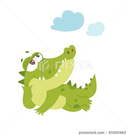 Cute adorable crocodile character with full belly resting under clouds in lazy pose 95000969