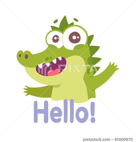 Cute green crocodile character greeting with Hello word, portrait of happy animal 95000970