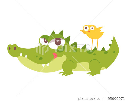 Cute crocodile character with yellow adorable bird, yellow friend standing on alligator 95000971