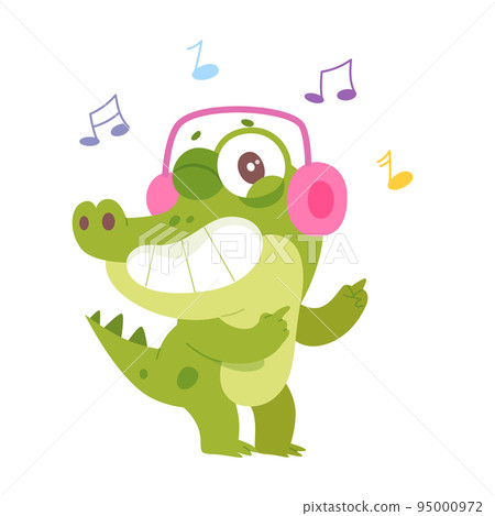 Cute green crocodile character wearing pink headphones to listen fun jungle music 95000972