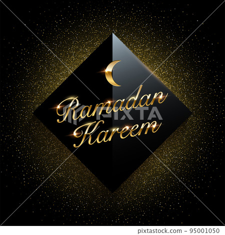 Ramadan Kareem vector background. Black square with sparkling golden glitter on dark background. 95001050