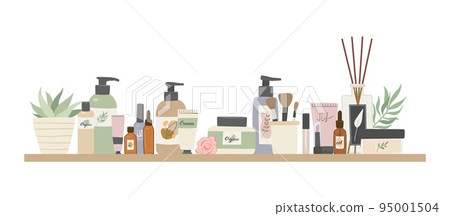 Beauty natural cosmetic standing on shelf flat vector illustration. Bottles, tube, jars, hair shampoo, cream, spa accessories, essential oil, scrub, serum, gel, lipstick, makeup items 95001504