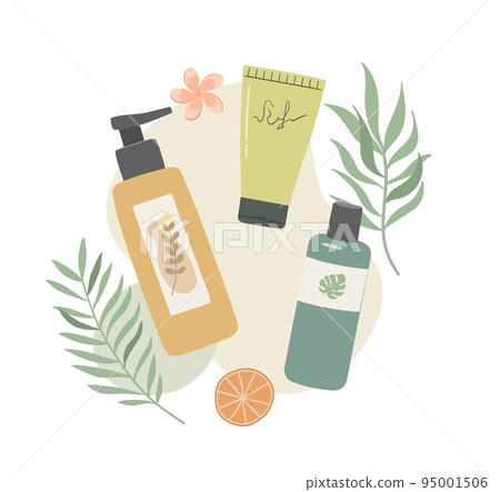Bottles and tubes natural cosmetic hand drawn vector illustration. Woman stuff, organic face and body care products in flat style. Cream, shampoo, lotion, herbal and leaves. 95001506