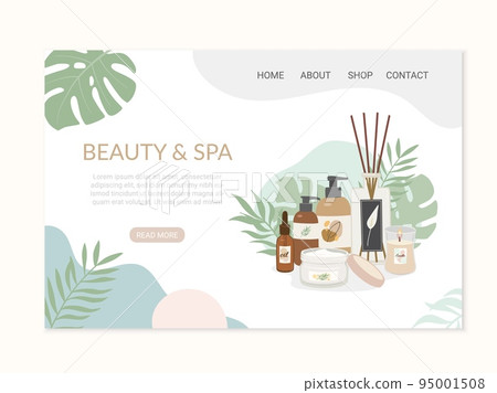 Natural beauty products decorated with tropical leaves website template. Concept of simple skincare, bodycare, beauty and spa vector illustration, ad banner. Natural beauty products decorated with tropical leaves website template. Concept of simple skincare, bodycare, beauty and spa vector illustration, ad banner. 95001508