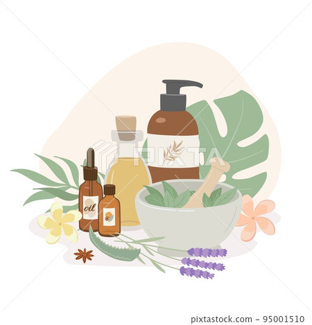 Composition with essential oil and herbs. Lavender, aloe and aromatic flowers. Spa, aromatherapy accessories, scin care flat vector illustration on white background. Composition with essential oil and herbs. Lavender, aloe and aromatic flowers. Spa, aromatherapy accessories, scin care flat vector illustration on white background. 95001510
