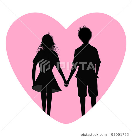 一對夫婦手牽手在一顆心裡面的剪影。婚姻和愛情的形象。 95001733