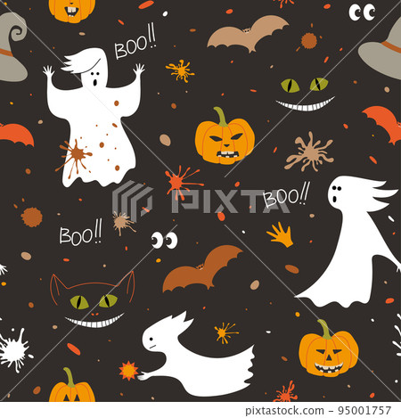Kind spooky ghost and pumpkins, bats, witch hat, cheshire cat. Classic Halloween seamless background. Vector Kind spooky ghost and pumpkins, bats, witch hat, cheshire cat. Classic Halloween seamless background. Vector 95001757