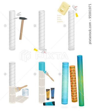 Rainsticks handicragt instruction, DIY making of with cardboard tube, the longer the better, long nails, rice, peas, pebbles, wallpaper paste and acrylics to create patter of rain or sound of the sea. 95001971