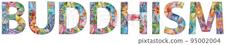 BUDDHISM in the style of abstract hand drawing. Letters with ornament BUDDHISM in the style of abstract hand drawing. Letters with ornament 95002004