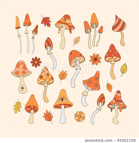 Set of retro groovy mushrooms flat vector illustration in 70s and 80s style. Vintage autumn vibe psychedelic elements, Boho hippie clipart 95002108