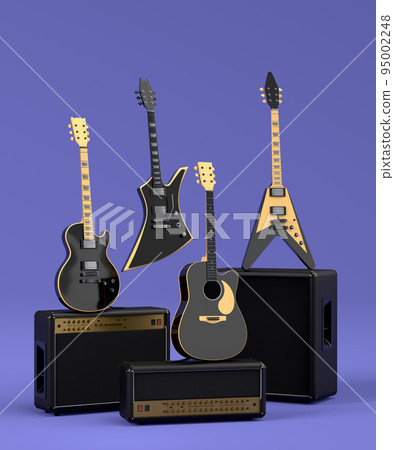 Set of electric acoustic guitars and amplifiers on blue background 95002248