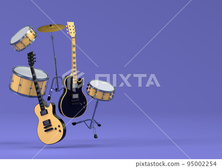 Set of electric acoustic guitars and drums with cymbals on purple background Set of electric acoustic guitars and drums with cymbals on purple background 95002254