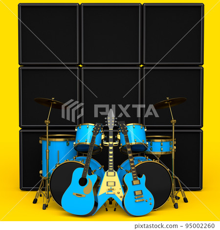 Set of realistic drums with metal cymbals, amplifier and acoustic guitars 95002260