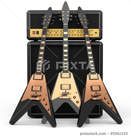 Set of electric acoustic guitar and amplifier on white background. Set of electric acoustic guitar and amplifier on white background. 95002293