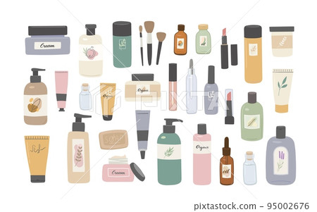 Set of different beauty natural cosmetics in bottles, jar and tubes for skin, body and hair care isolated on white background. Collection of organic cosmetics and makeup products vector illustration. 95002676