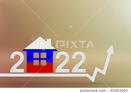 The cost of real estate in Russia in 2022. Rising cost of construction, insurance, rent in Russia. 3d House model painted in flag colors, up arrow on yellow background 95003065