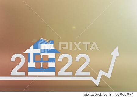 The cost of real estate in Greece in 2022. Rising cost of construction, insurance, rent in Greece. 3d house model painted in flag colors, up arrow on yellow background The cost of real estate in Greece in 2022. Rising cost of construction, insurance, rent in Greece. 3d house model painted in flag colors, up arrow on yellow background 95003074