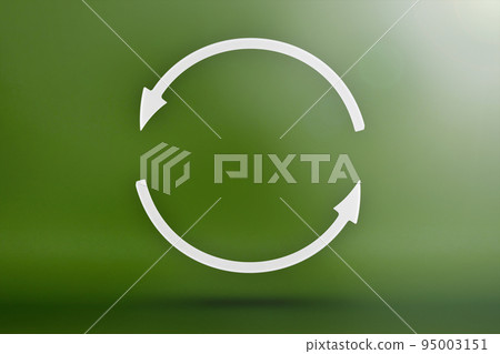 Ecology, recycling symbol, white arrows form a circle. 3D image on a green background. Green products, green renewable energy, graph pointing up and down Ecology, recycling symbol, white arrows form a circle. 3D image on a green background. Green products, green renewable energy, graph pointing up and down 95003151