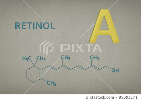 Vitamin A. Retinol 3d molecule on paper texture background. Skeletal formula of vitamin a. Recessed text in green and yellow 95003171