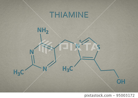 Vitamin B1. Thiamine molecule on paper texture background. Skeletal formula of vitamin b1. Recessed text in green and yellow 95003172