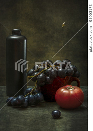 Still life with grapes, tomatoes, a dark bottle and a bee Still life with grapes, tomatoes, a dark bottle and a bee 95003178