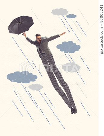 Contemporary art collage. Creative design with businessman in a suit flying with umbrella over clouds. Long legs Contemporary art collage. Creative design with businessman in a suit flying with umbrella over clouds. Long legs 95003241