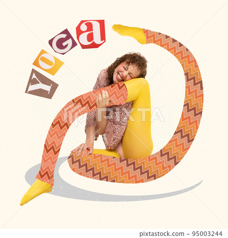 Contemporary art collage. Creative design. Young woman doing stretching exercises, practising yoga Contemporary art collage. Creative design. Young woman doing stretching exercises, practising yoga 95003244