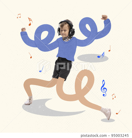 Contemporary art collage. Creative design with cheerful boy, child with long legs and hand listening to music and dancing Contemporary art collage. Creative design with cheerful boy, child with long legs and hand listening to music and dancing 95003245