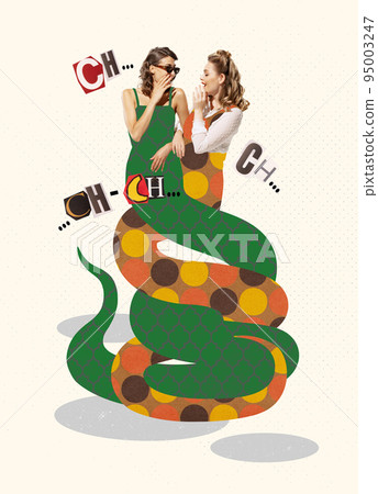Contemporary art collage. Young woman with snake tails whispering gossips, talking rumors Contemporary art collage. Young woman with snake tails whispering gossips, talking rumors 95003247