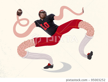 Contemporary art collage. Creative design with young man, rugby, soccer player with long legs and hands throwing ball 95003252