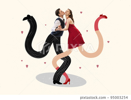 Contemporary art collage. Young people, man and woman dancing on long legs, performing. Romance 95003254