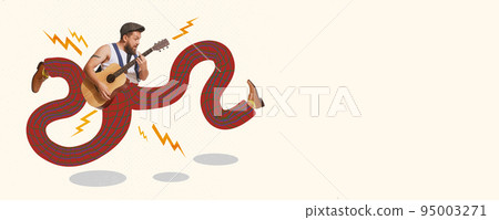 Contemporary art collage. Expressive man, rock musician playing guitar, performing. Contemporary art collage. Expressive man, rock musician playing guitar, performing. 95003271