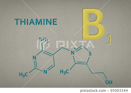 Vitamin B1. Thiamine molecule on paper texture background. Skeletal formula of vitamin b1. Recessed text in green and yellow Vitamin B1. Thiamine molecule on paper texture background. Skeletal formula of vitamin b1. Recessed text in green and yellow 95003344