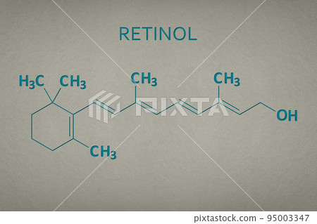 Vitamin A. Retinol 3d molecule on paper texture background. Skeletal formula of vitamin a. Recessed text in green and yellow 95003347