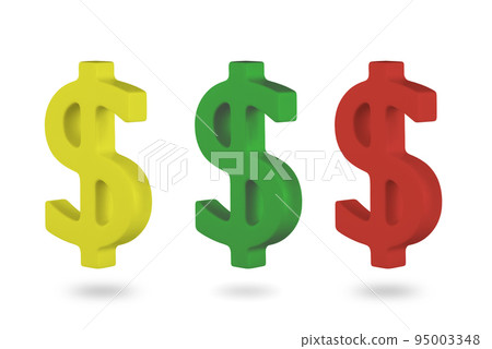 Dollar sign isolated on white background. Three multicolored dollar signs in 3d, yellow green and red Dollar sign isolated on white background. Three multicolored dollar signs in 3d, yellow green and red 95003348