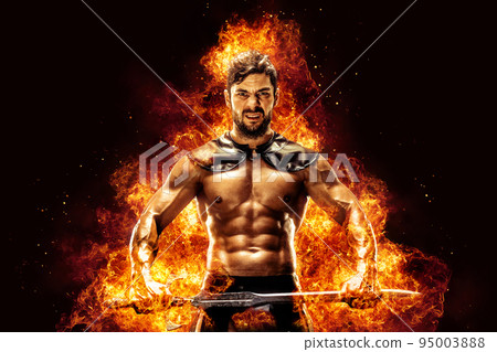 Sportive man in leather warrior costume with sword, fire on background Sportive man in leather warrior costume with sword, fire on background 95003888