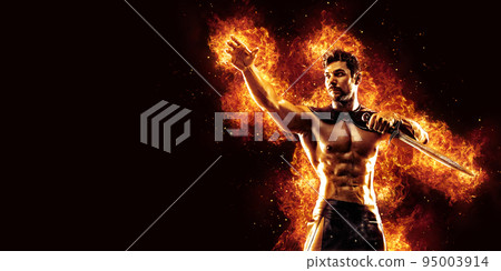 Sportive man in leather warrior costume with sword, fire on background Sportive man in leather warrior costume with sword, fire on background 95003914