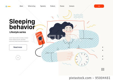 Lifestyle web template -Sleeping behaviour -modern flat vector illustration of woman sleeping in her bed showing the benefits of good sleeping habit, eight hours normal sleep People activities concept 95004481