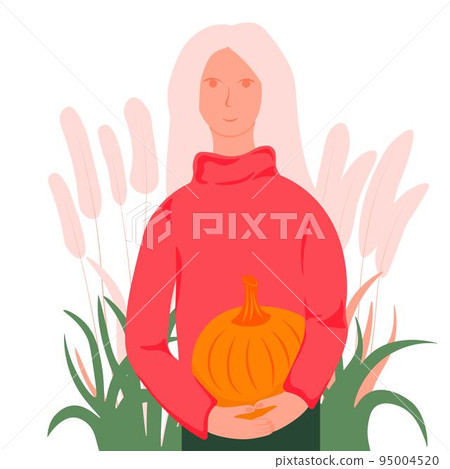 Autumn girl in a sweater. Vector stock illustration. Hello autumn, November. A walk in the park. Isolated on a white background. Autumn girl in a sweater. Vector stock illustration. Hello autumn, November. A walk in the park. Isolated on a white background. 95004520