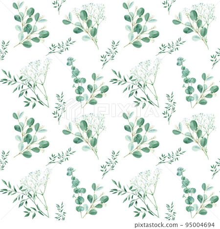 Seamless pattern with eucalyptus, gypsophila and pistachio branches on white background. Watercolor illustration. Can be used for wedding prints, gift wrapping paper, backgrounds for Valentine's day 95004694
