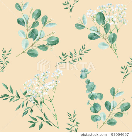 Seamless pattern with eucalyptus, gypsophila and pistachio branches on beige background. Watercolor illustration. Can be used for wallpaper, gift wrapping paper, fabric prints. 95004697