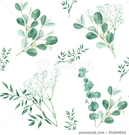 Seamless pattern with eucalyptus, gypsophila and pistachio branches on white background. Watercolor illustration. Can be used for wedding prints, gift wrapping paper, backgrounds for Valentine's day 95004698