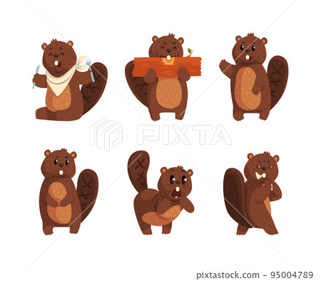 Funny Beaver Character with Friendly Snout Engaged in Different Activity Vector Set 95004789