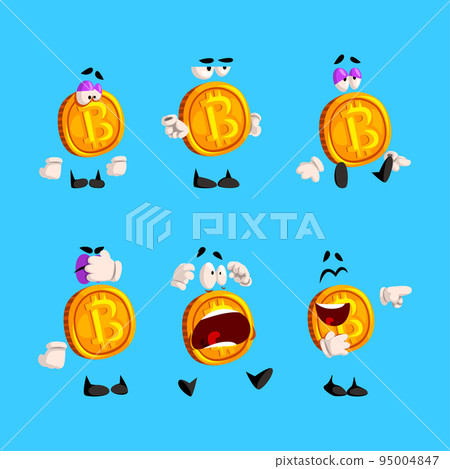 Golden Bitcoin Character with Different Emotion on Blue Background Vector Set Golden Bitcoin Character with Different Emotion on Blue Background Vector Set 95004847