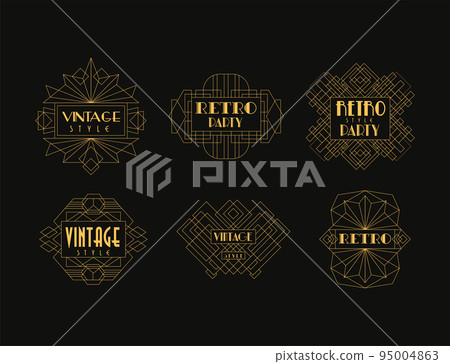 Art Deco Vintage and Retro Golden Line Frame and Emblem Isolated on Black Vector Set 95004863