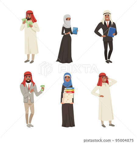 Arabian Man and Woman Business Entrepreneur Working in Company Vector Set 95004875