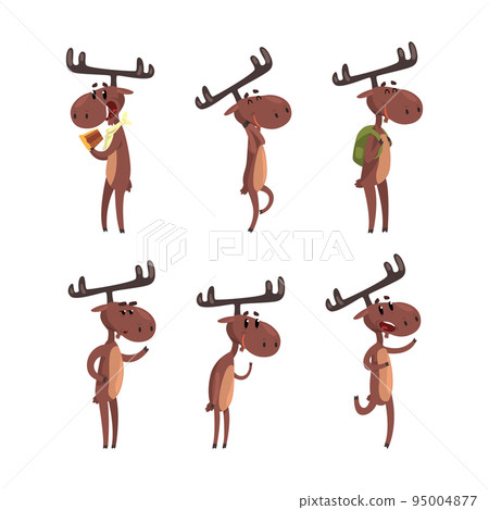 Funny moose characters set. Elk standing on hind legs cartoon vector illustration Funny moose characters set. Elk standing on hind legs cartoon vector illustration 95004877