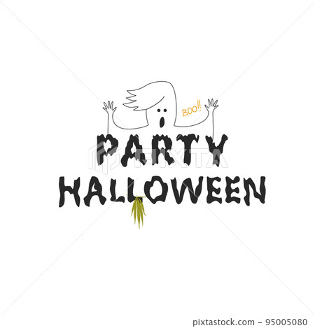 Lettering Party Halloween with ghost and cannabis leaf isolated. Vector element for horror holiday design 95005080